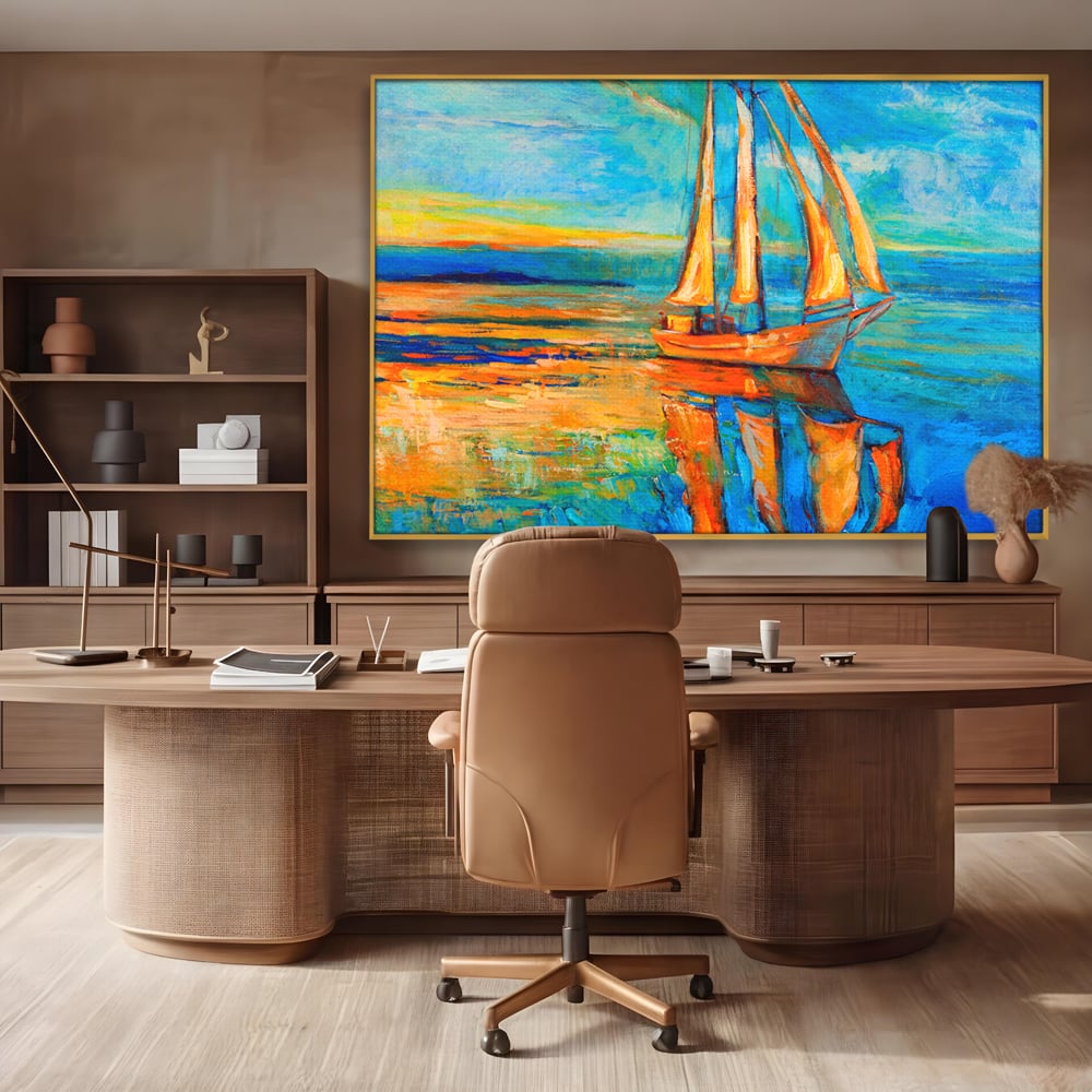 Tablou canvas cu tablou canvas cu barca cu panze pe marea portocalie, in rama de aluminiu auriu, pe perete intr-un birou